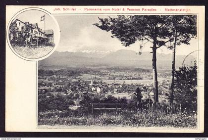 1909 gelaufene AK, Panorama vom Hotel und Pension Paradies in Mettmenstetten. Mit Paradies Stempel (2)