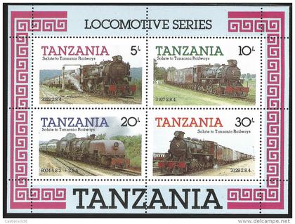 B) 1985 TANZANIA, TRAINS, RAILWAYS, RAILROAD, LOCOMOTIVES SERIES,  BLOCK OF 4, MNH