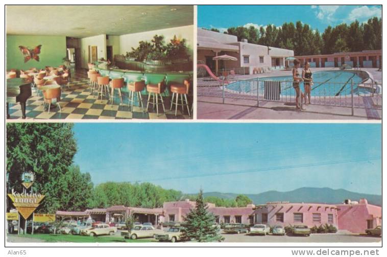 Taos NM New Mexico, Kachina Lodge &amp; Motel Lodging, Coffee Shop Interior View, Autos c1960s Vintage Postcard