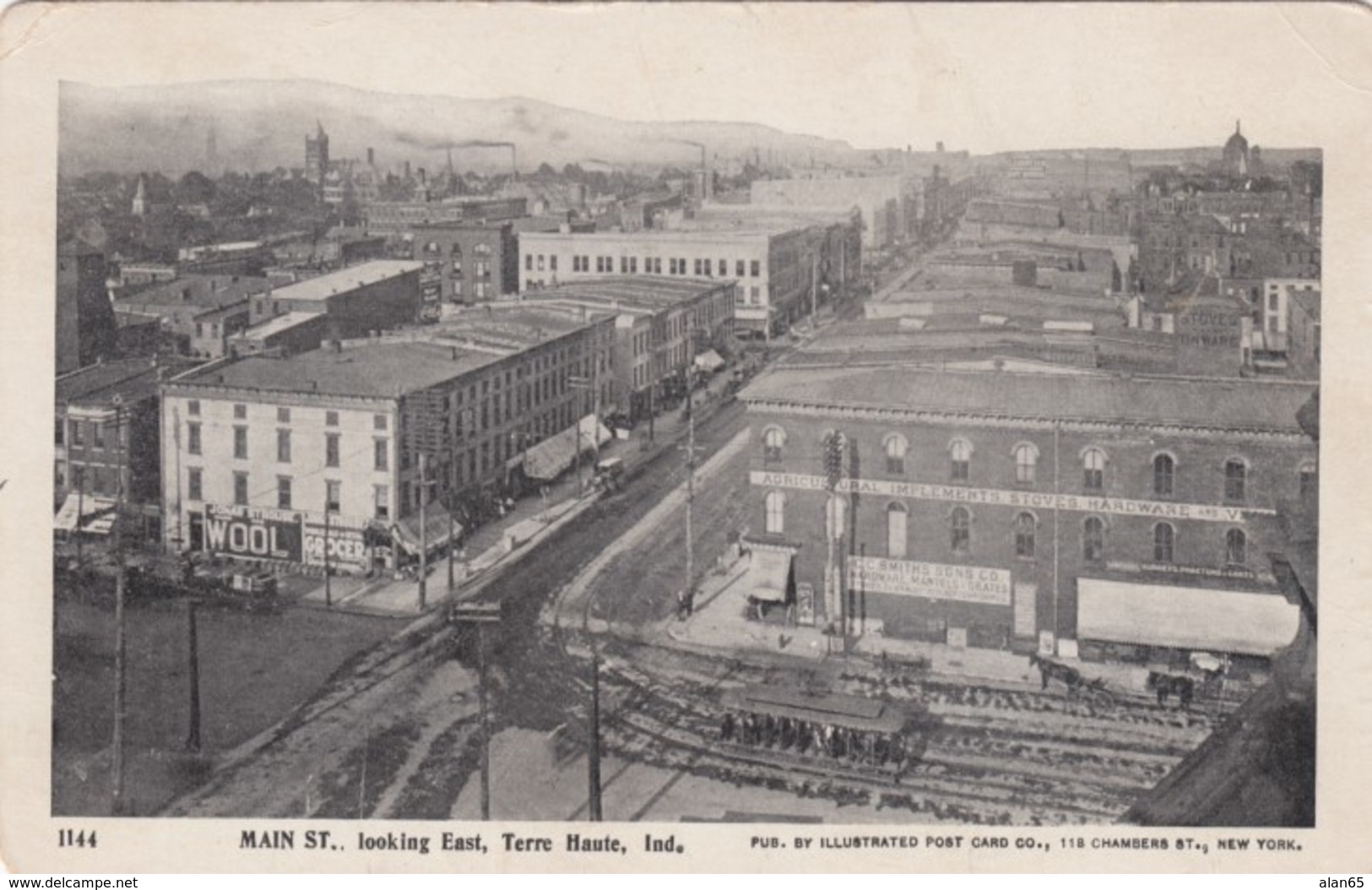 Terre Haute Indiana, Panoramic View Main Street Looking East, Street Car in Foreground, c1900s Vintage Postcard