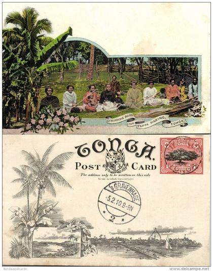 tonga islands, Native Stripping Bark for Tappa Making (1909) Pre-Printed Stamp