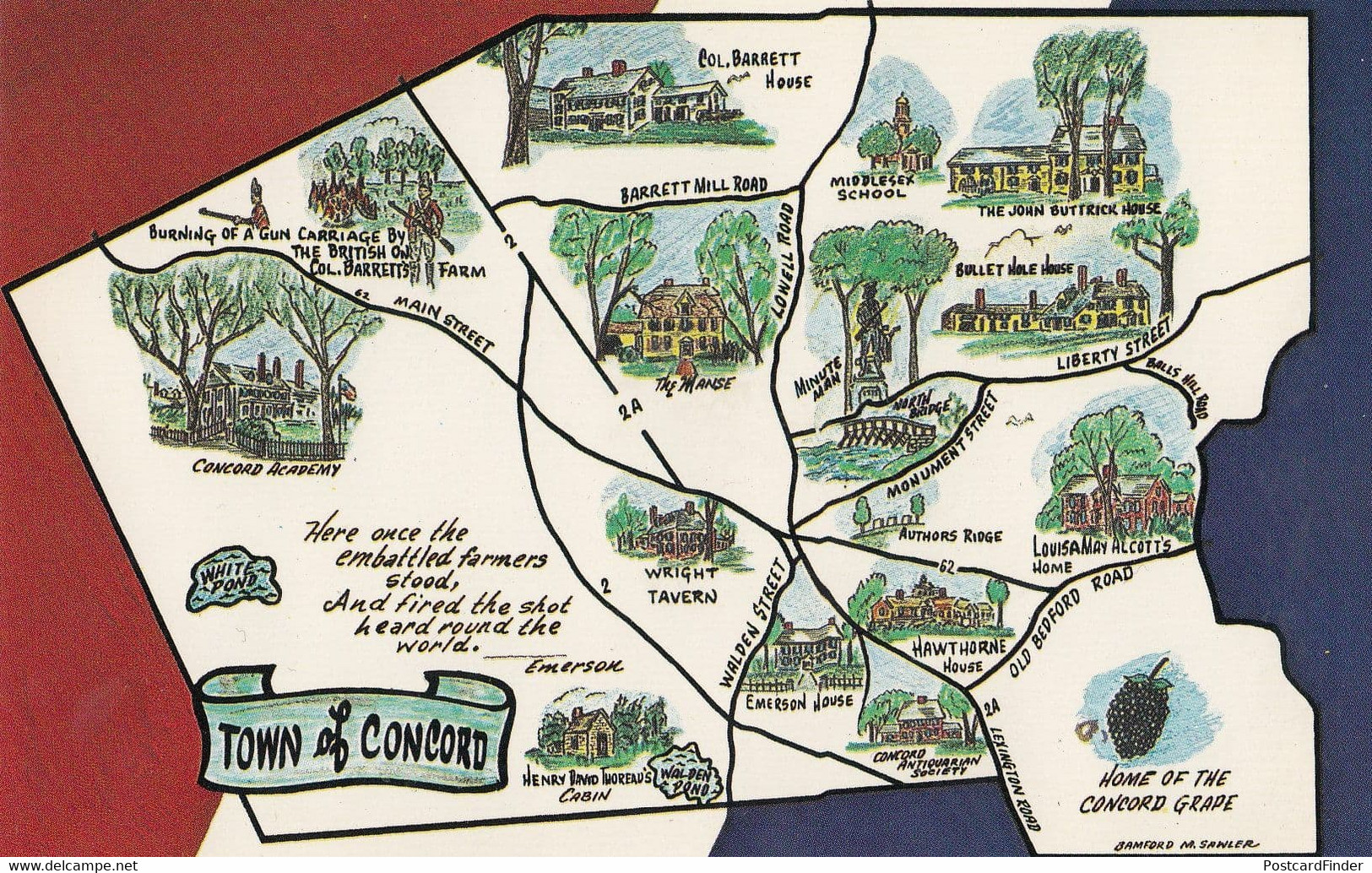 Town Of Concord Map Massachusetts Postcard