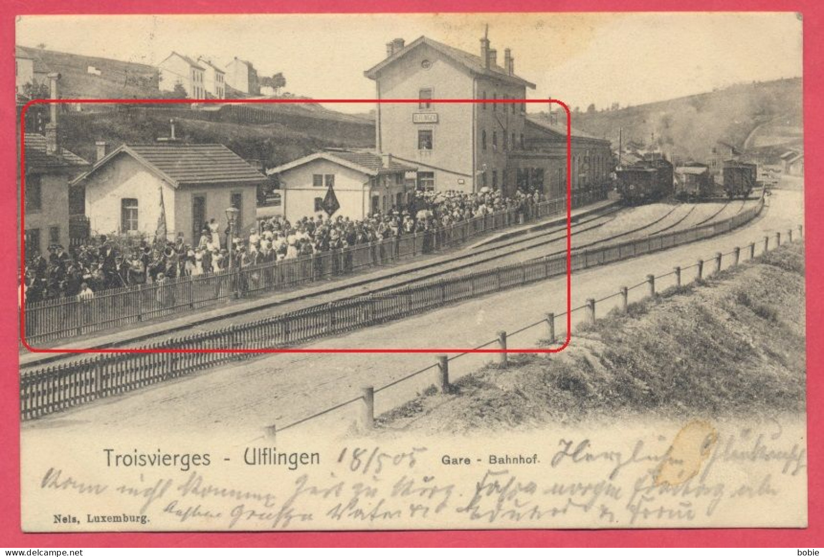 Troisvierges - Ulflingen - Nels Luxembourg : Gare - Manifestation, inauguration, fanfare et drapeaux le long des voies.