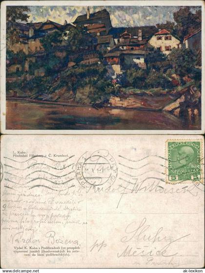 Flößberg-Böhmisch Krumau Plešivec Český Krumlov Künstlerkarte von L. Kuba 1913