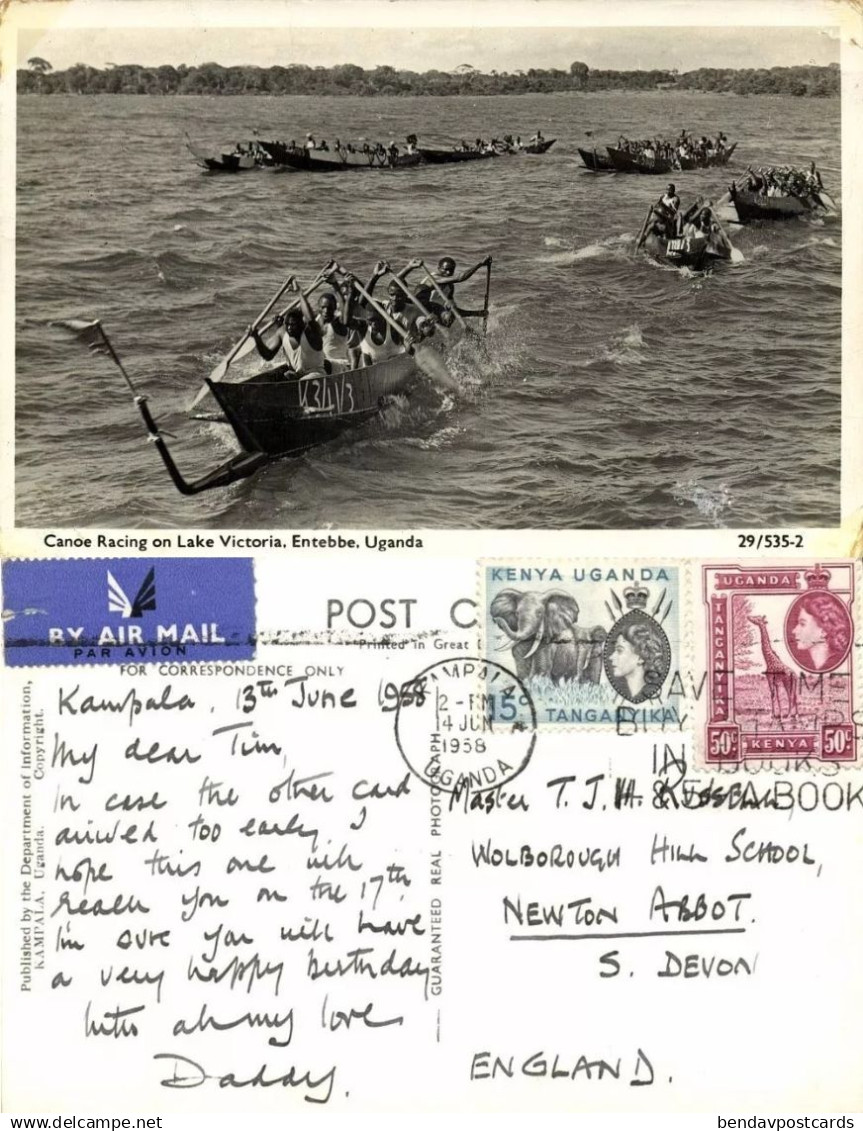 uganda, ENTEBBE, Canoe Racing on Lake Victoria (1958) RPPC Postcard