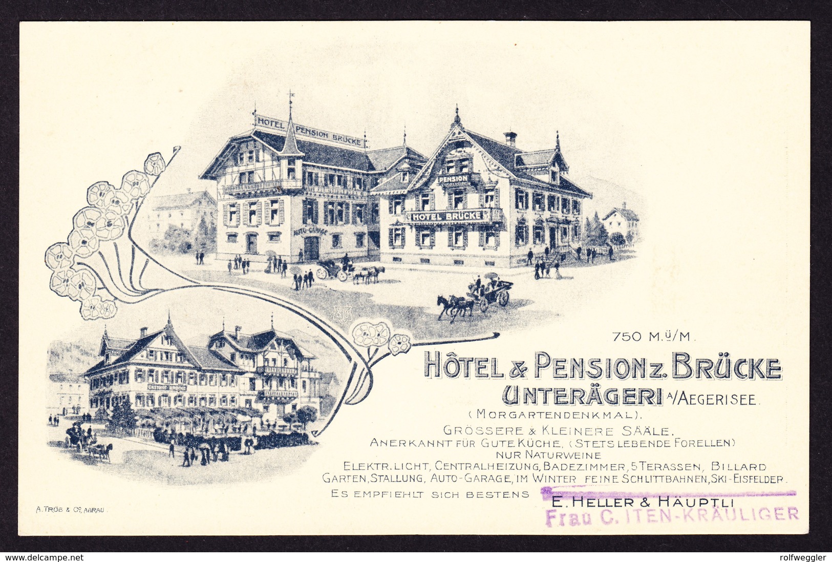 um 1900 ungelaufene Reklamekarte Hotel und Pension zur Brücke Unterägeri,