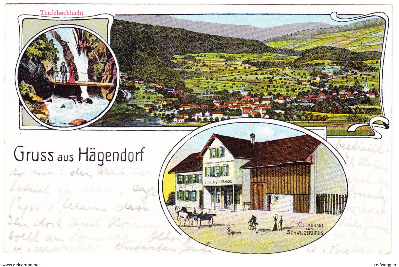 Um 1908 gelaufene Ansichtskarte Restaurant zum Schweizerhaus , Gruss aus Hägendorf