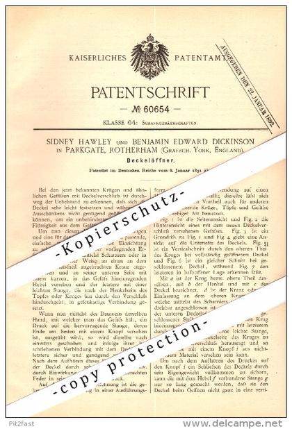 Original Patent - S. Hawley und B.E. Dickinson in Parkgate , Rotherham , 1891 , Jar Opener !!!