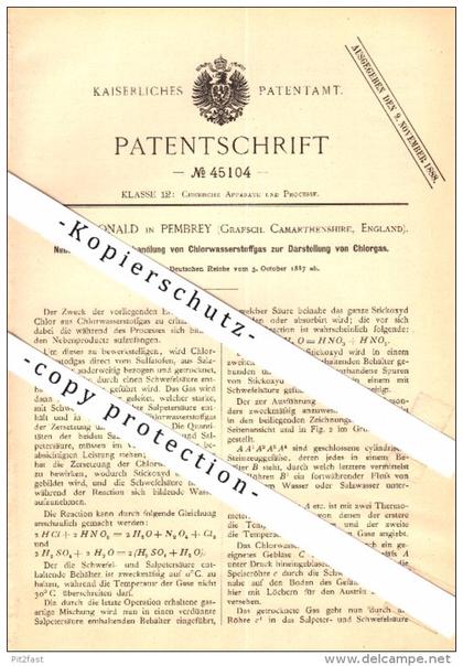 Original Patent - W. Donald in Pembrey , Carmarthenshire , 1887 , Recovery of chlorine from hydrogen gas !!!