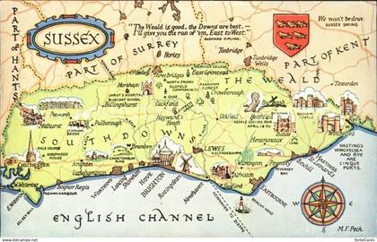 11732846 Sussex Map of Sussex English Channel Landkarte Kompass Sussex