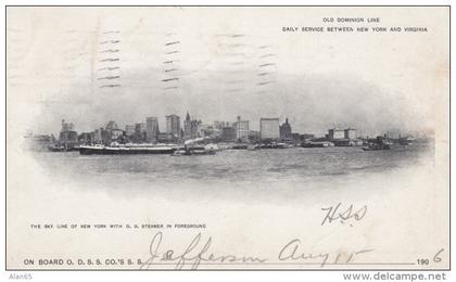 New York City Skyline, Old Dominion Steamer Line NY-Virginia Boat Service, S.S. Jefferson, c1900s Vintage Postcard