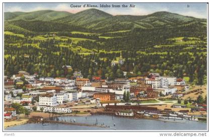 Coeur d'Alene ID Idaho, View of Town from Air, Lake, c1940s/50s Vintage Linen Postcard