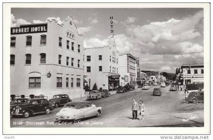 Coeur d'Alene Idaho, Sherman Avenue, Great Auto, Hotel, Wilma Theater(?) Signs, c1940s Vintage Real Photo Postcard