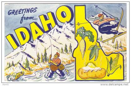 Map of Idaho, Fishing Potato Themes, c1950s Vintage Postcard