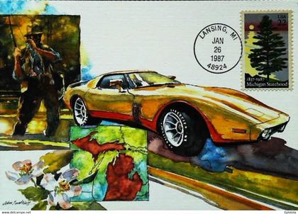 ► CORVETTE  1987 - Statehood Michigan  Automobile Chevrolet Maximum card (Litho. LANSING  U.S.A.)