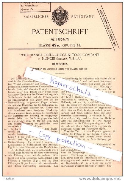 Original Patent  - Wide Range Drill-Chuck & Tool Company in Muncie , Indiana, USA  , 1906 ,  !!!