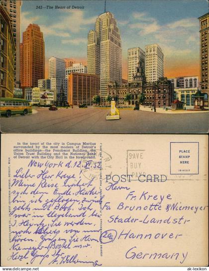 Postcard Detroit The Heart of Detroit Stadtansicht (Town View) 1952