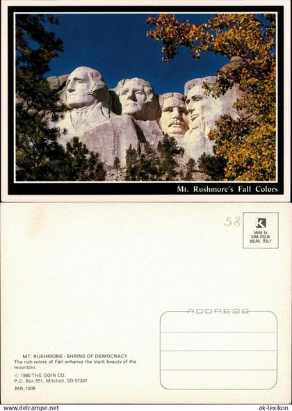 Postcard Keystone (South Dakota) Mount Rushmore National Memorial 1986