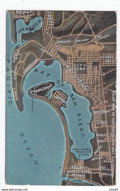 San Diego California, Map of San Diego Bay c1920s Vintage Postcard