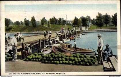 CPA Newport News Virginia USA, Unloading Watermelons, Pier