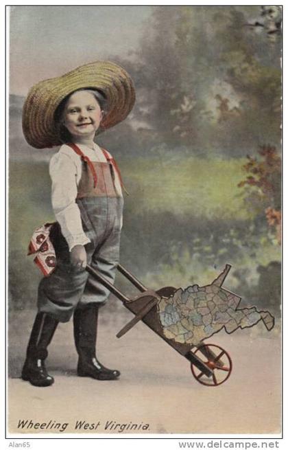 Wheeling West Virginia, Child With Wheelbarrow Map of State, Humor, on 1910s Vintage Postcard