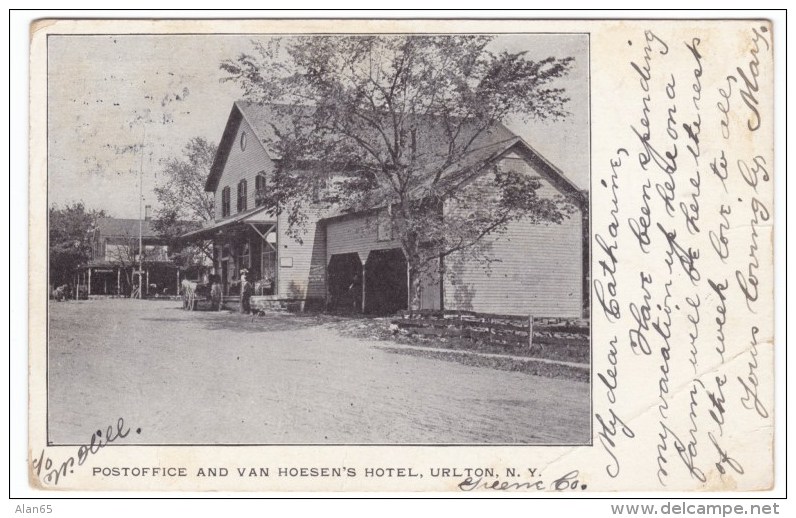 Urlton New York, Greene County DPO Closed Post Office Cancel, Post Office &amp; Van Hoeson's Hotel, c1900s Vintage Postc