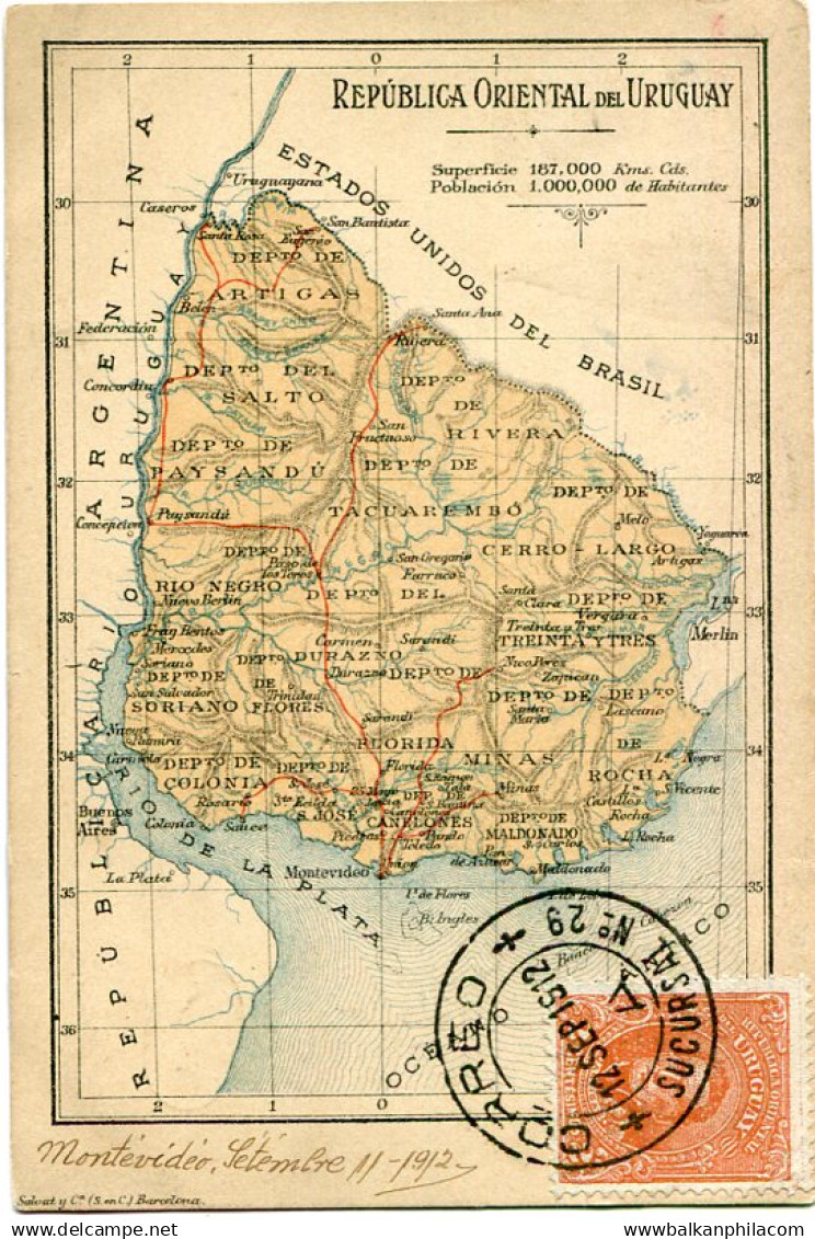 Uruguay 1912 Eastern Republic Map to Paris