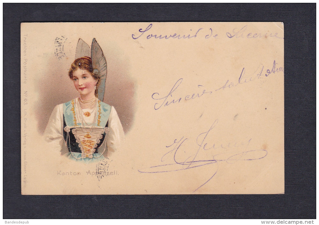 Vente immediate - Suisse - Kanton Appenzell ( costume et coiffe traditionnel chromo lithographie Louis Glaser )