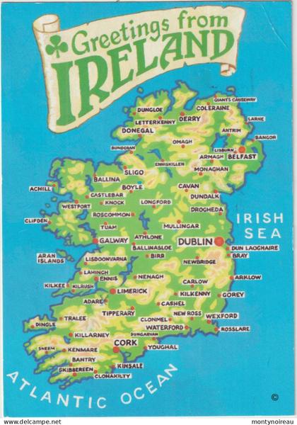 LD61 : Irlande  : carte  géographique : irish sea , cork, galway, derry, carlow, kinsale, tralle, cavan, tuam, ....