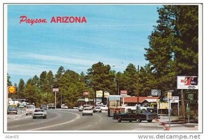 Payson AZ Arizona, Autos Gas Stations, Cafe Signs on c1980s Vintage Postcard