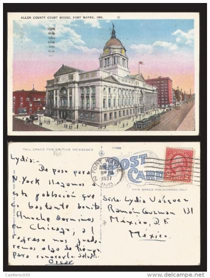 B)1937 USA, TWO CENTS RED WASHINGTON, BUILDING, ARCHITECTURE, ALLEN COUNTRY COURT HOUSE, FORT WAYNE,  POSTCARD