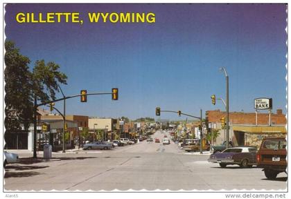 Gillette WY Wyoming, Street Scene Autos, First National Bank, on c1980s Vintage Postcard