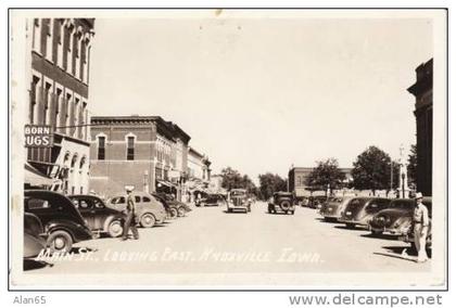 Knoxville Iowa Real Photo Postcard, c1940s Vintage Street Scene Autos Trucks Business