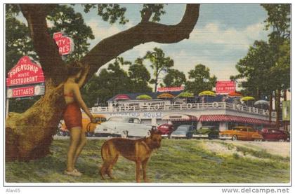 Mississippi City MS Mississippi, Friendship House Restaurant Cottages on c1950s Vintage Curteich Linen Postcard