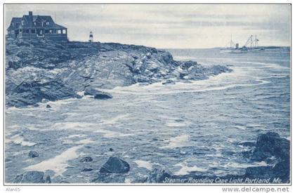 Portland ME Maine, Lighthouse, Steamer at Cape Light, 1900s Vintage Postcard, Doane Postmark Cancel