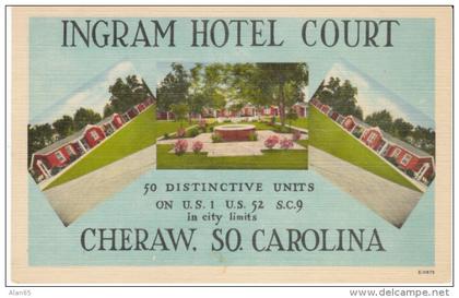 Cheraw SC South Carolina, Ingram Hotel Court, Lodging, c1940s Vintage Linen Postcard