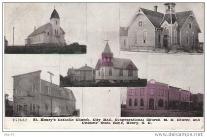 Henry SD South Dakota, Town Views, Church, State Bank, c1900s Vintage Post Card