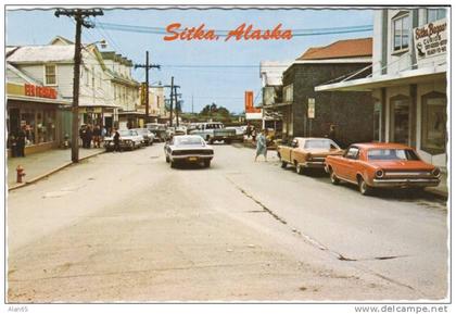 Sitka AK Alaska, Main Street Scene, Autos Ben Franklin Store, c1970s Vintage Postcard