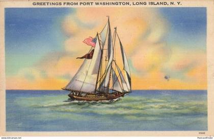 Sailing Ship Greetings From Port Washington Long Island NY USA WW2 Old Postcard