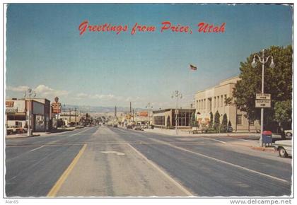 Price UT Utah, Street Scene, Autos, Car Dealerships, Mailbox on 1970s Vintage Postcard