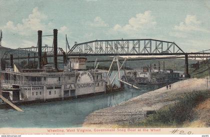 Wheeling West Virginia, Government Snag Boat at Wharf, E.A. Woodruff Paddle-wheel c1900s/10s Vintage Postcard