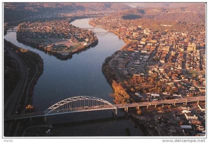 Wheeling WV West Virginia, Aerial View of Town and River, Bridge, c1990s Vintage Postcard