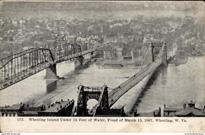 CPA Wheeling West Virginia USA, Hochwasser vom 15. März, Brücken, Stadt