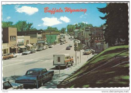 Buffalo WY Wyoming, Street Scene Cafe Sign, Autos, on c1970s Vintage Postcard