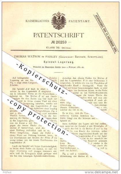 Original Patent - James Lyle in Paisley , Scotland , 1882 , Spindle for spinning !!!