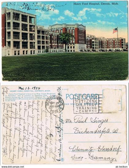 Postcard Detroit Henry Ford Hospital, Detroit, Michigan USA 1924