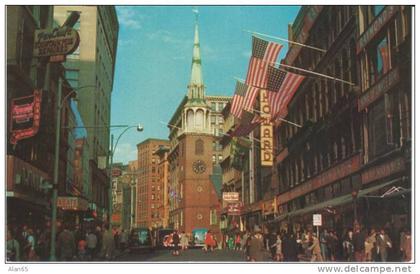 Boston MA Massachusetts, Old South Church, Animated Street Scene, Auto, on c1950s Vintage Postcard