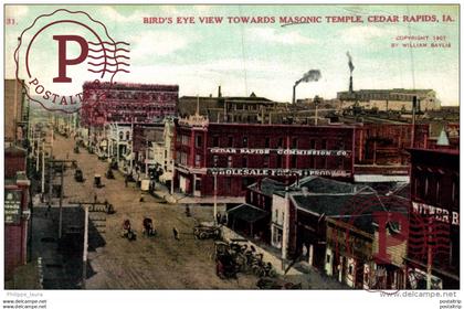 Bird's eye view towards Masonic Temple, Cedar Rapids, Iowa