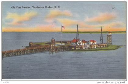 Charleston SC South Carolina, Old Fort Sumter in Harbor, c1930s/40s Vintage Linen Postcard