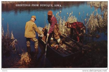 Dubuque IA Iowa, Greetings From, Duck Hunters Load Boat on Lake c1960s Vintage Postcard